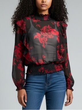 Sheer Floral Smocked Blouse Black Red Romantic Goth Cottagecore Top - L.I.F.E